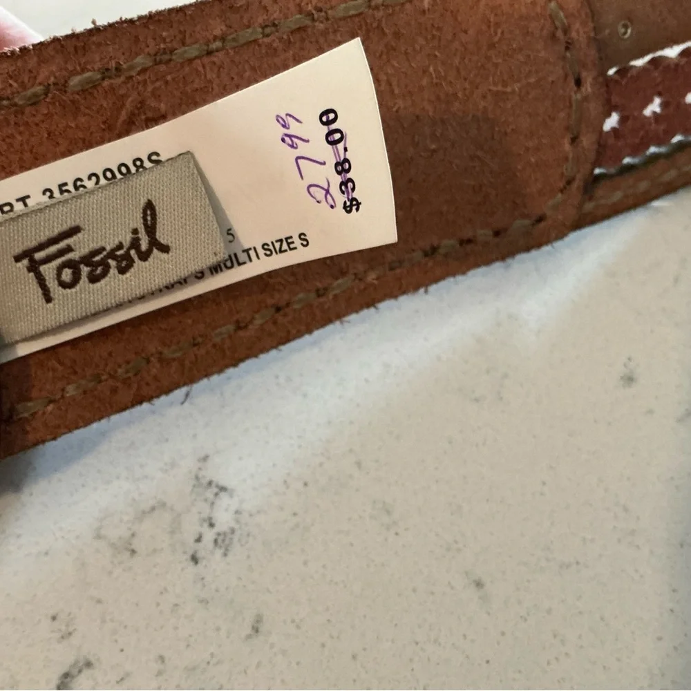 Fossil genuine leather belt red orange black brown brass tone buckle women’s S